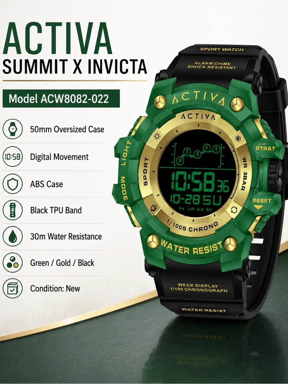 Activa X Invicta Summit 50mm Green Gold Digital Watch ACW8082-022 NIB